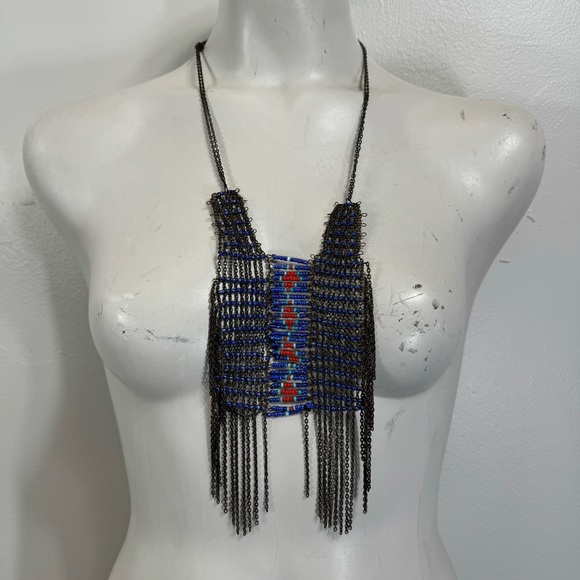 Vintage hand beaded handmade necklace tribal boho festival long red blue aztec - Picture 2 of 10